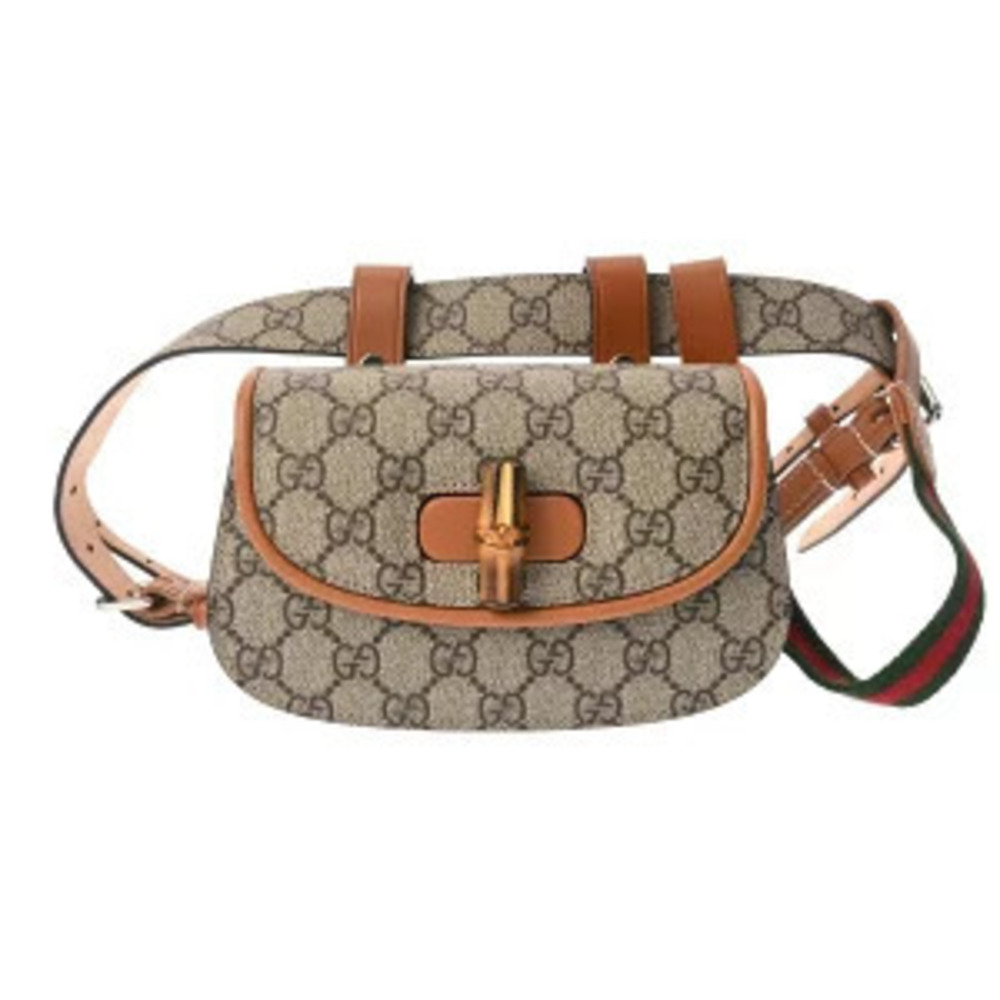 Gucci Belt Bag Bamboo Beige Cream Ebony Brown GG Supreme Canvas Leather Waist